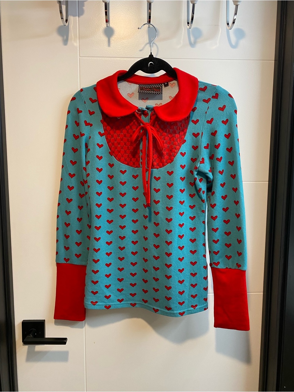 Voodoo Vixen Teal Long Sleeve Top with Red Hearts & Red Collar